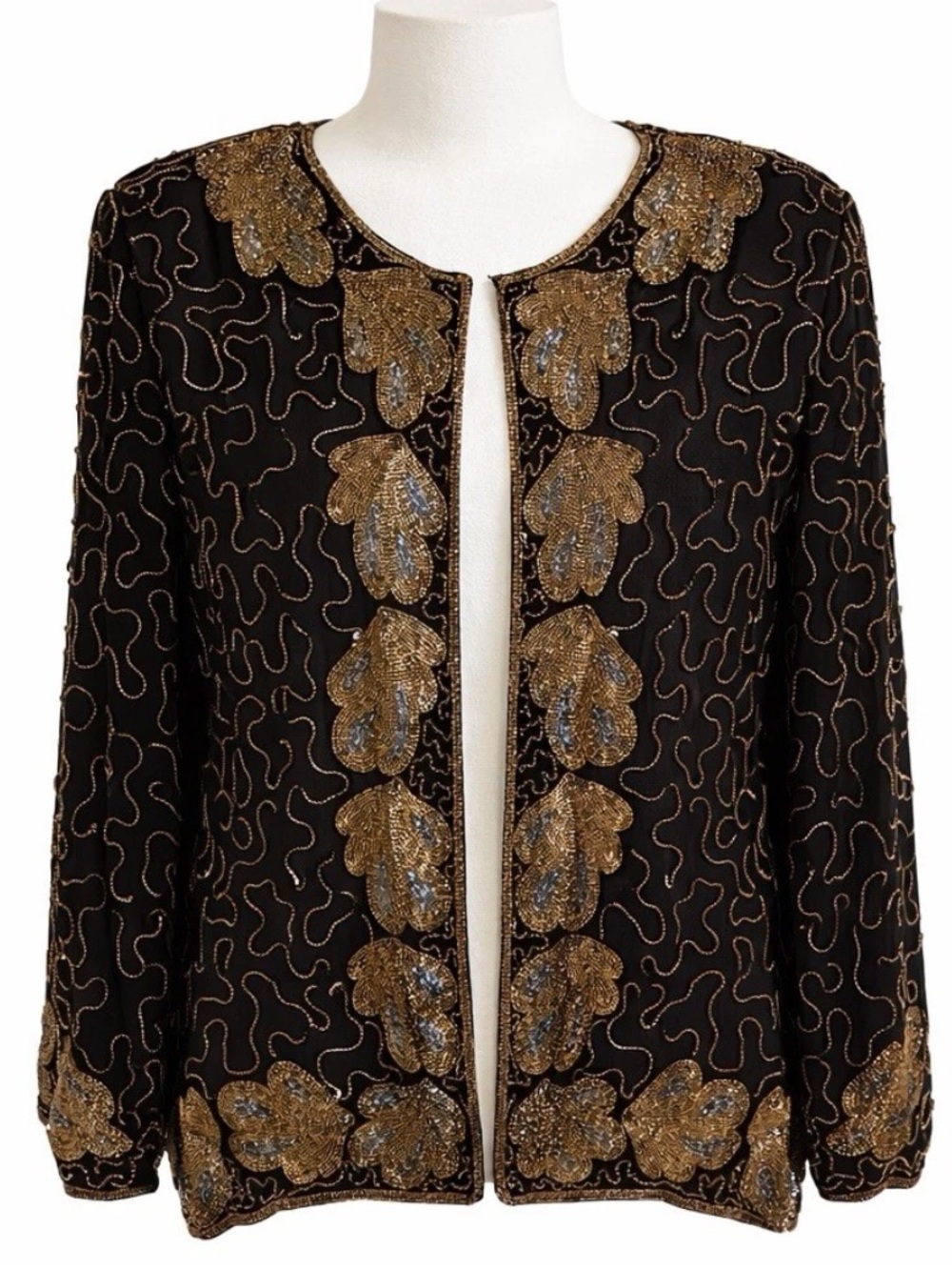 Vintage 90s Megére Black Silk Beaded Jacket Gold Embellished Evening L Boho Glam